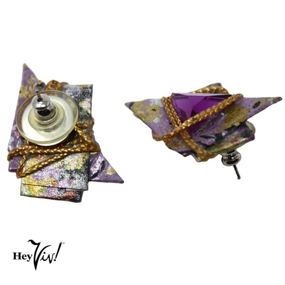 Vintage 90s Alyssa Levitan Purple Gold Handcrafted Origami Pierced Earrings Card - Picture 3 of 4